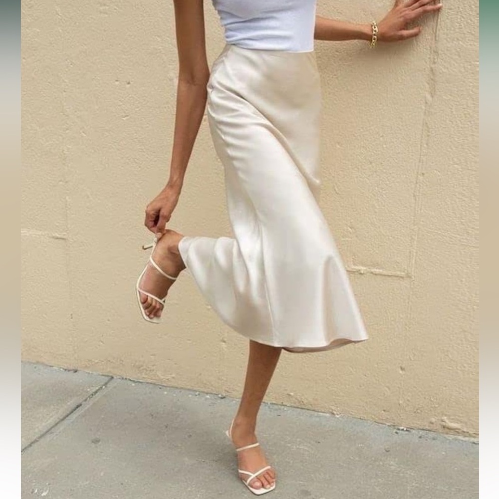 Satin Bias Midi Skirt - Cream